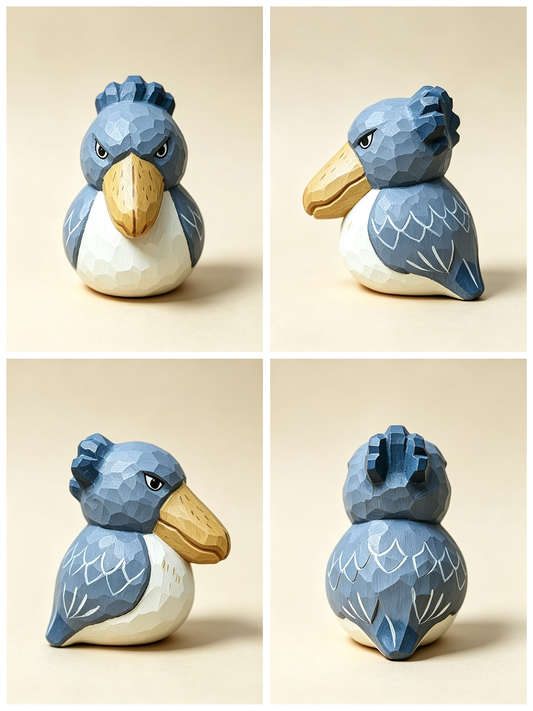 Four angle detail view of the hand-carved wooden shoebill stork on a cream background highlighting the faceted head and precise knife marks on the geometric feathers