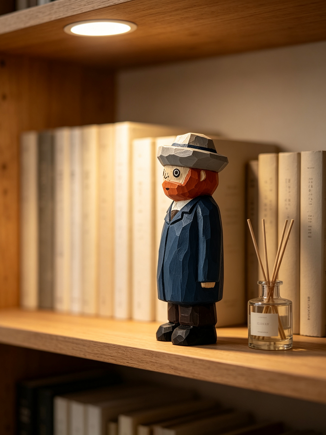 A low-poly wooden figurine of a man in a blue coat and gray hat standing on a wooden bookshelf next to a reed diffuser and books.