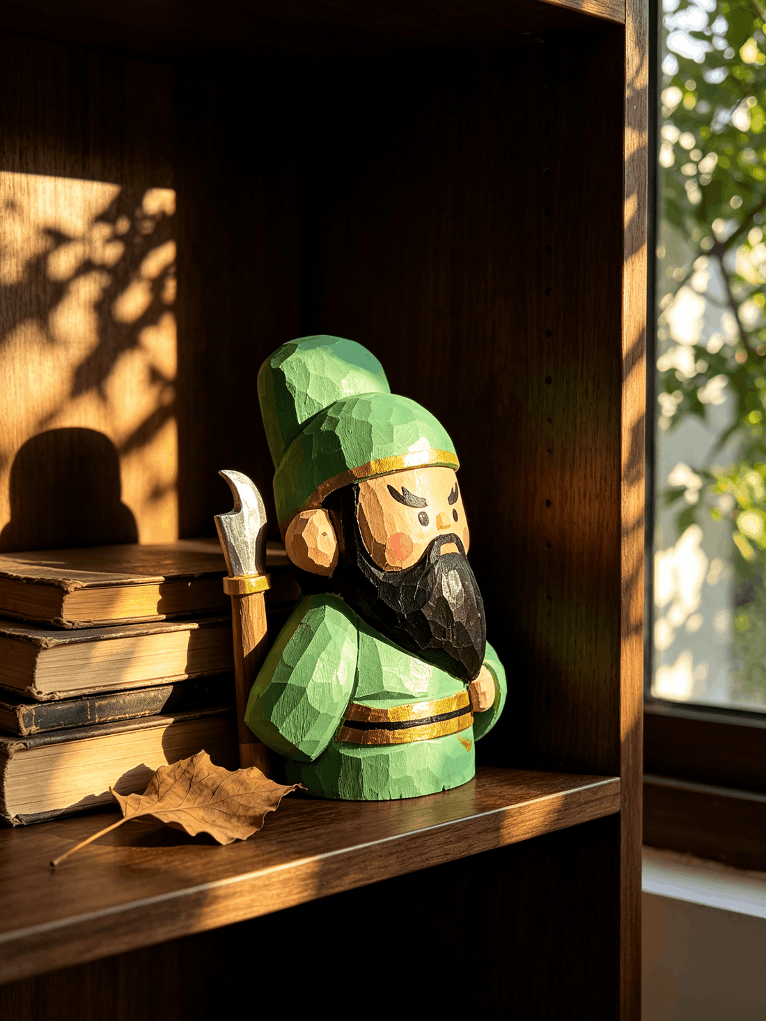A chibi hand-carved wooden Guan Gong (Grumpy Guardian) sculpture on a dark wooden bookshelf near vintage books, with a fallen leaf