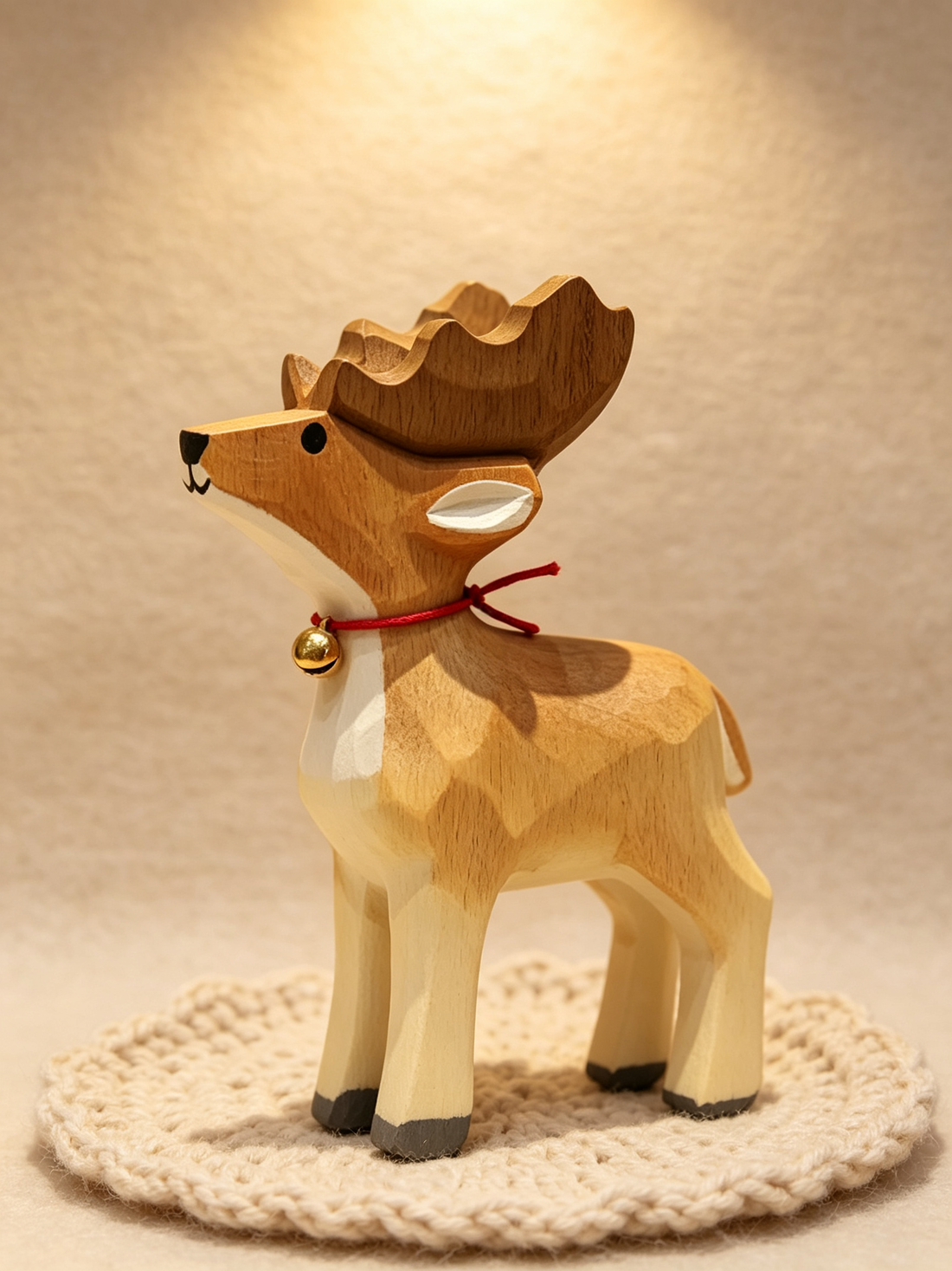 Close-up of handcrafted faceted wooden moose ornament with red cord and golden bell, placed on cream knitted round coaster, warm focused lighting