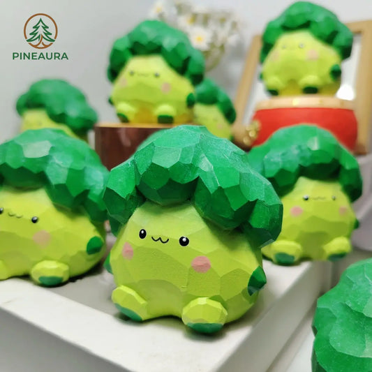 Handcrafted cute broccoli toys with geometric design, featuring happy cartoon faces by PINEAURA