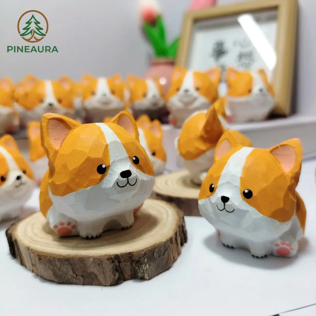 Adorable low-poly Corgi figurines with happy faces, handcrafted kawaii-style wooden dog sculptures