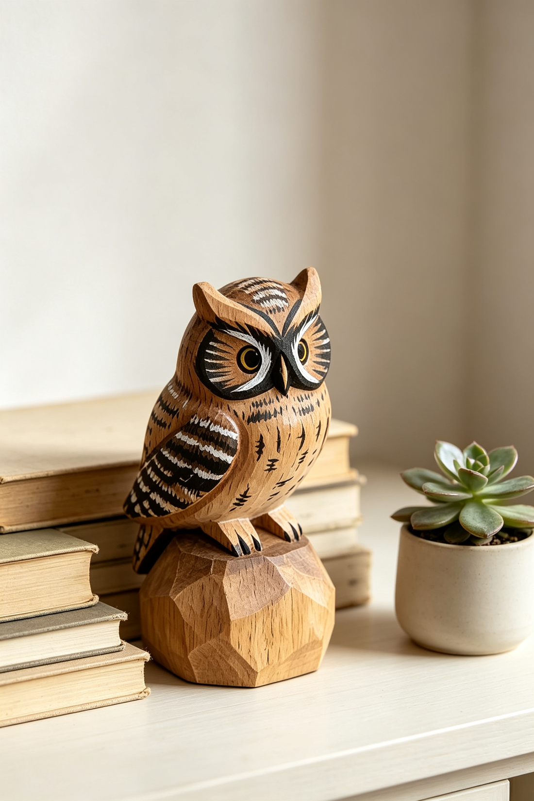 Handcrafted low-poly brown wooden owl figurine on a faceted solid wood base, styled on a pale wooden shelf with stacked vintage books and a mini potted succulent, lit by soft natural daylight.