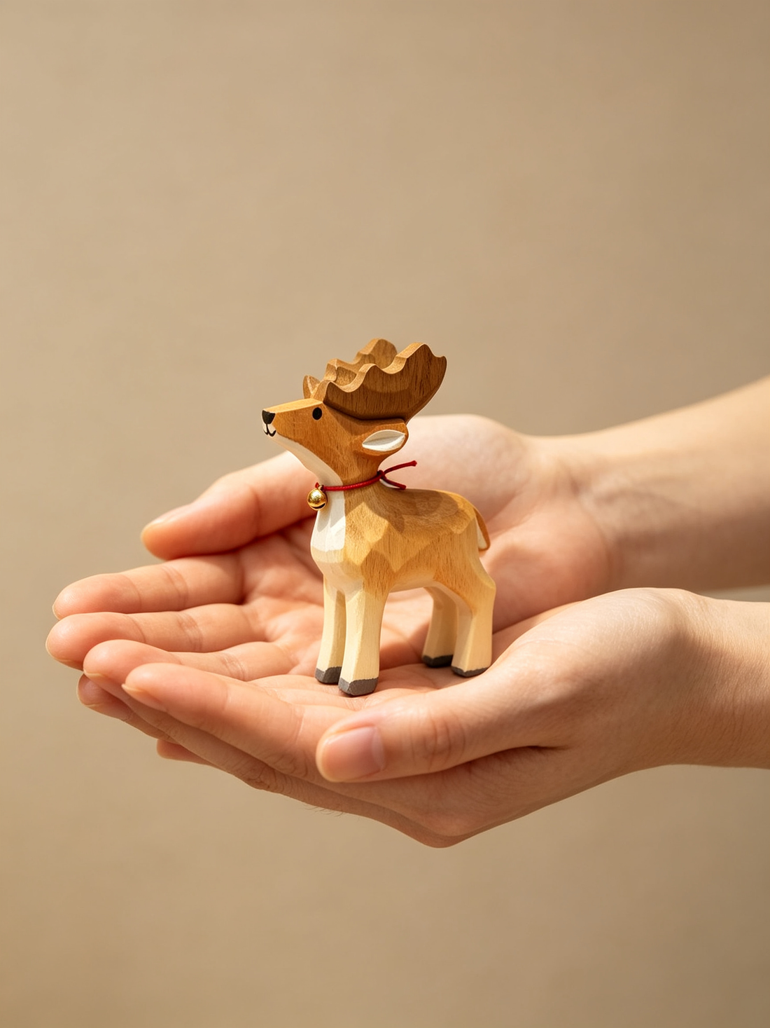 PineAura handcrafted low-poly wooden Geometric Wooden Deer sculpture with a red string collar and small brass bell, resting gently in cupped hands to show its compact size.