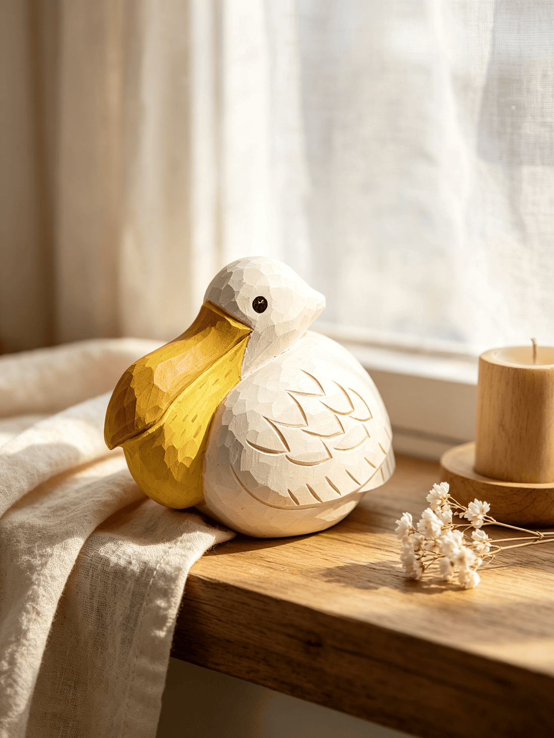 A handcrafted low-poly wooden pelican figurine with a white body and yellow beak, styled on a wooden window ledge with linen fabric and dried flowers