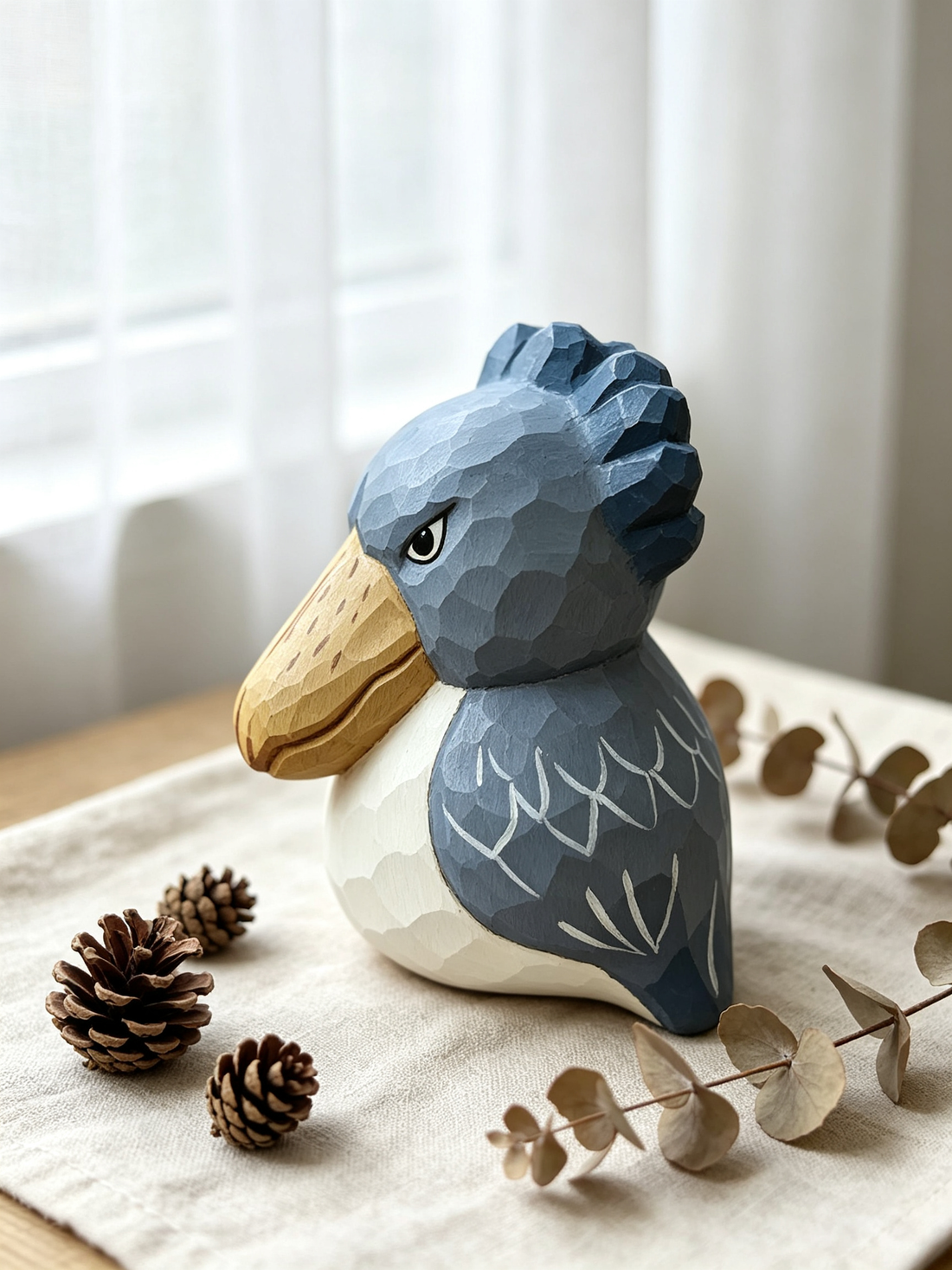 Handcrafted low-poly wooden shoebill figurine styled on linen cloth with pine cones and dried eucalyptus in bright natural window light