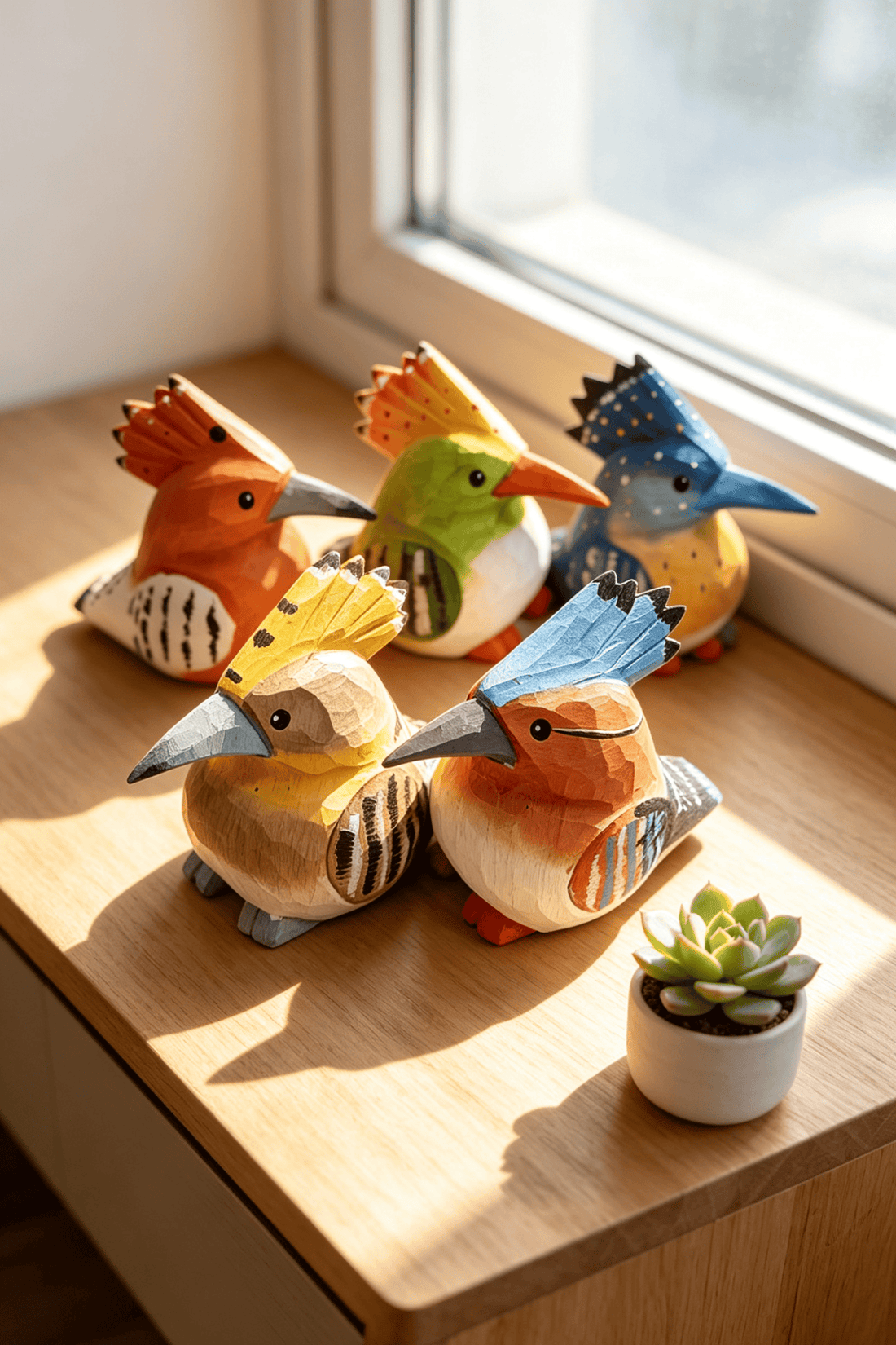 Five vibrant handmade wooden hoopoe statues sitting on a sunlit wooden windowsill, casting strong shadows, next to a small white potted succulent plant
