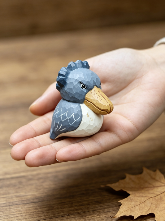 Mini hand-carved wooden shoebill figurine resting on open palm to show compact size