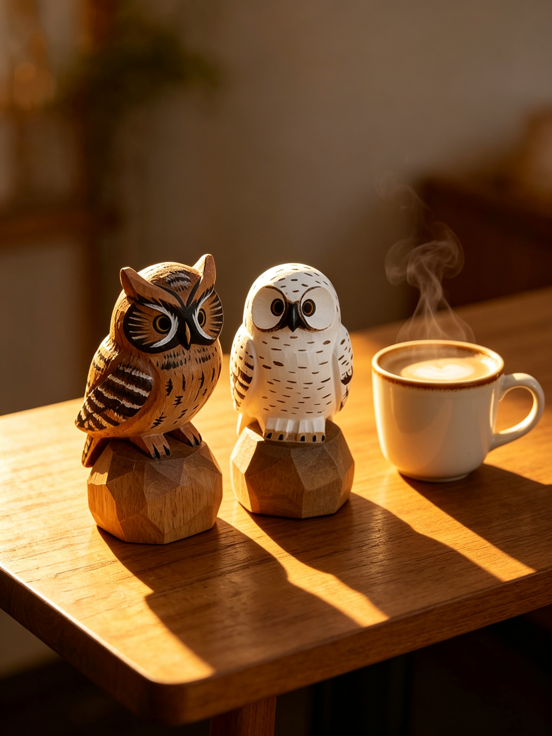 Two hand-carved wooden owl figurines on a coffee table in warm afternoon light