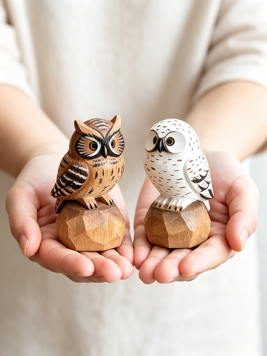 PineAura handcrafted low-poly wooden owl figurines in brown-striped and white snowy designs, held in cupped hands to show their compact size and faceted wooden bases.