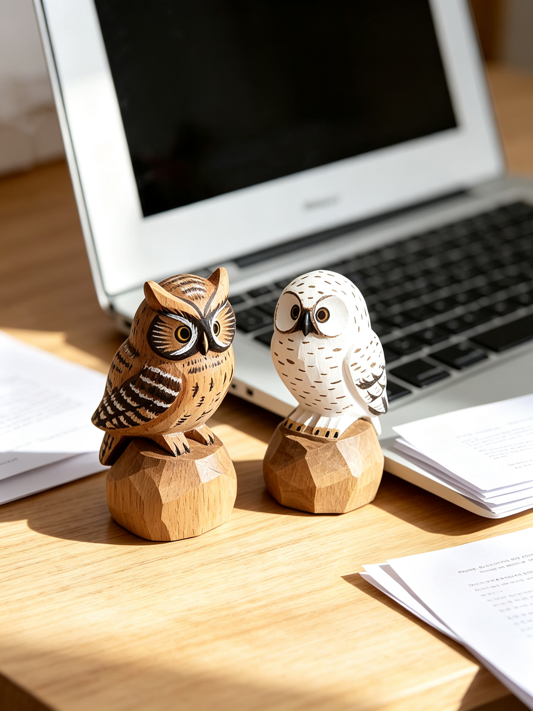 Two handcrafted low-poly wooden owl figurines on a light wood office desk, with a silver laptop and loose paperwork in soft natural daylight