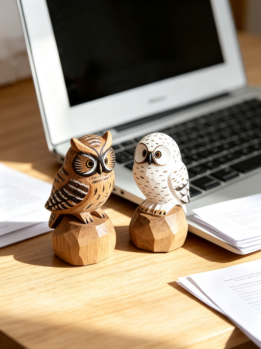 Two handcrafted low-poly wooden owl figurines on a light wood office desk, with a silver laptop and loose paperwork in soft natural daylight