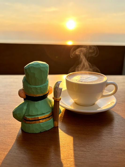Back view of handcrafted wooden Guan Yu figurine beside a steaming latte cup, facing golden sunset over the sea on a wooden table