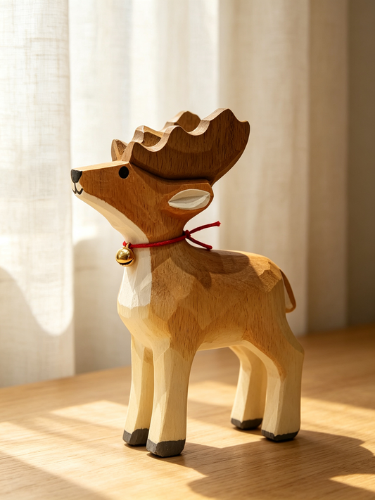 Low-poly hand-carved wooden moose sculpture styled on light wood table beside sheer linen curtains in soft natural daylight