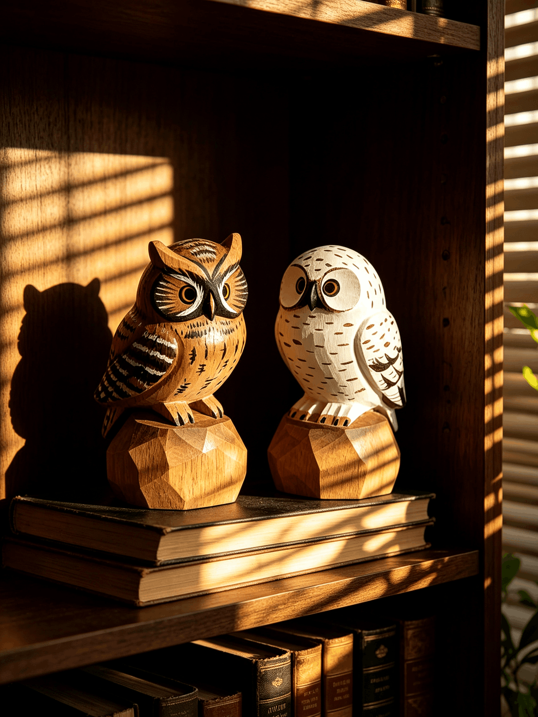 Two handcrafted low-poly wooden owl figurines sitting on stacked vintage books inside a dark wooden bookshelf, with warm blinds shadows