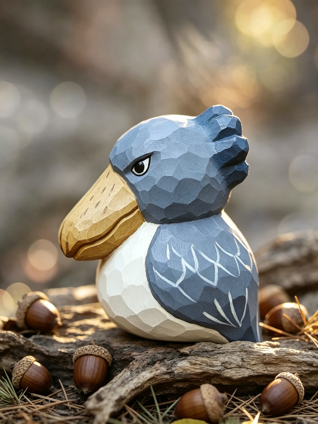 Low-poly wooden shoebill figurine placed on rough driftwood with acorns and pine needles, warm golden forest sunlight