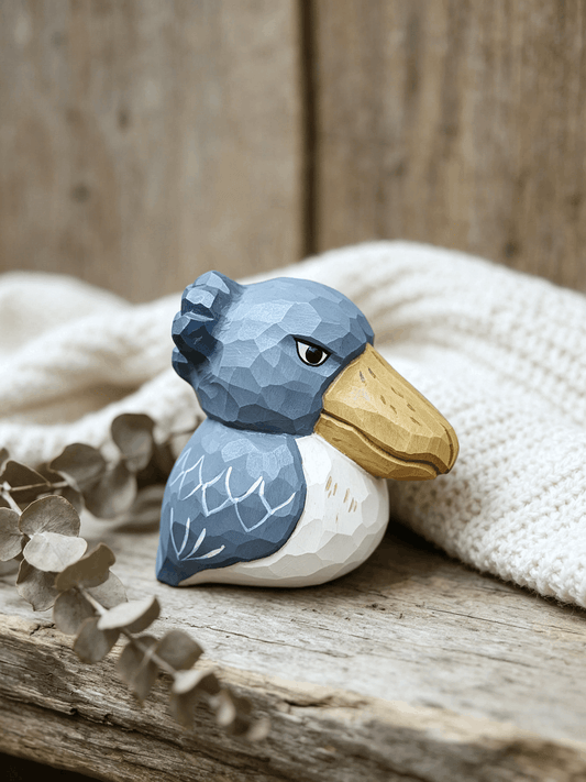 A handcrafted low-poly wooden shoebill figurine in slate blue and cream, styled on a rustic wood board with a knit blanket and dried eucalyptus