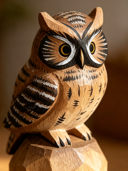 Wooden owl figurine with detailed carving on a brown background