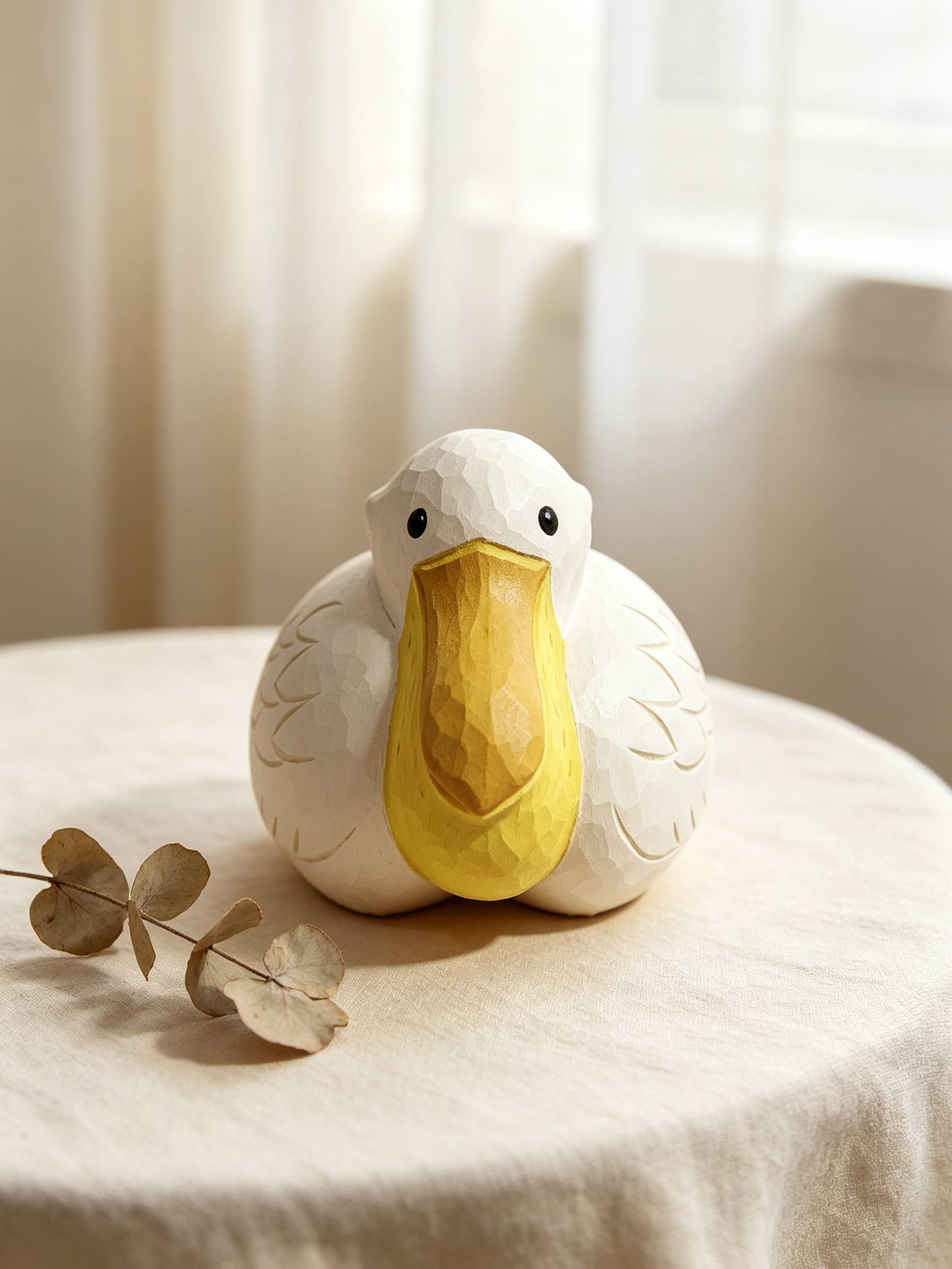 A stylized white duck figurine with a textured yellow beak, sitting on a beige fabric-covered table with dried eucalyptus leaves in the foreground.