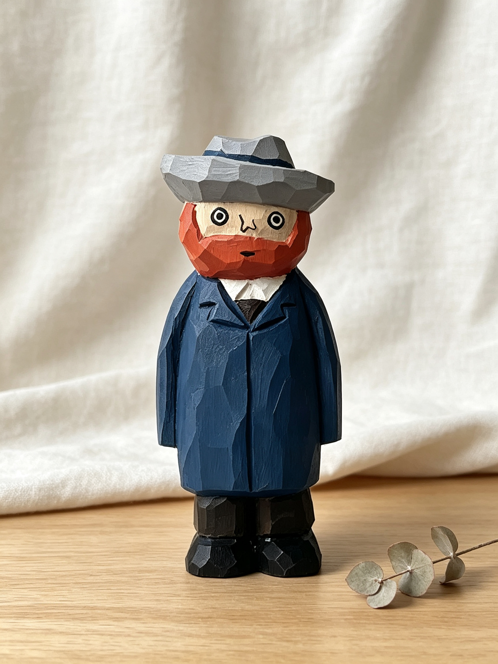 A low-poly geometric figurine of a man with a red beard, gray hat, and blue coat, standing on a wooden surface with a beige fabric backdrop and a small eucalyptus sprig.