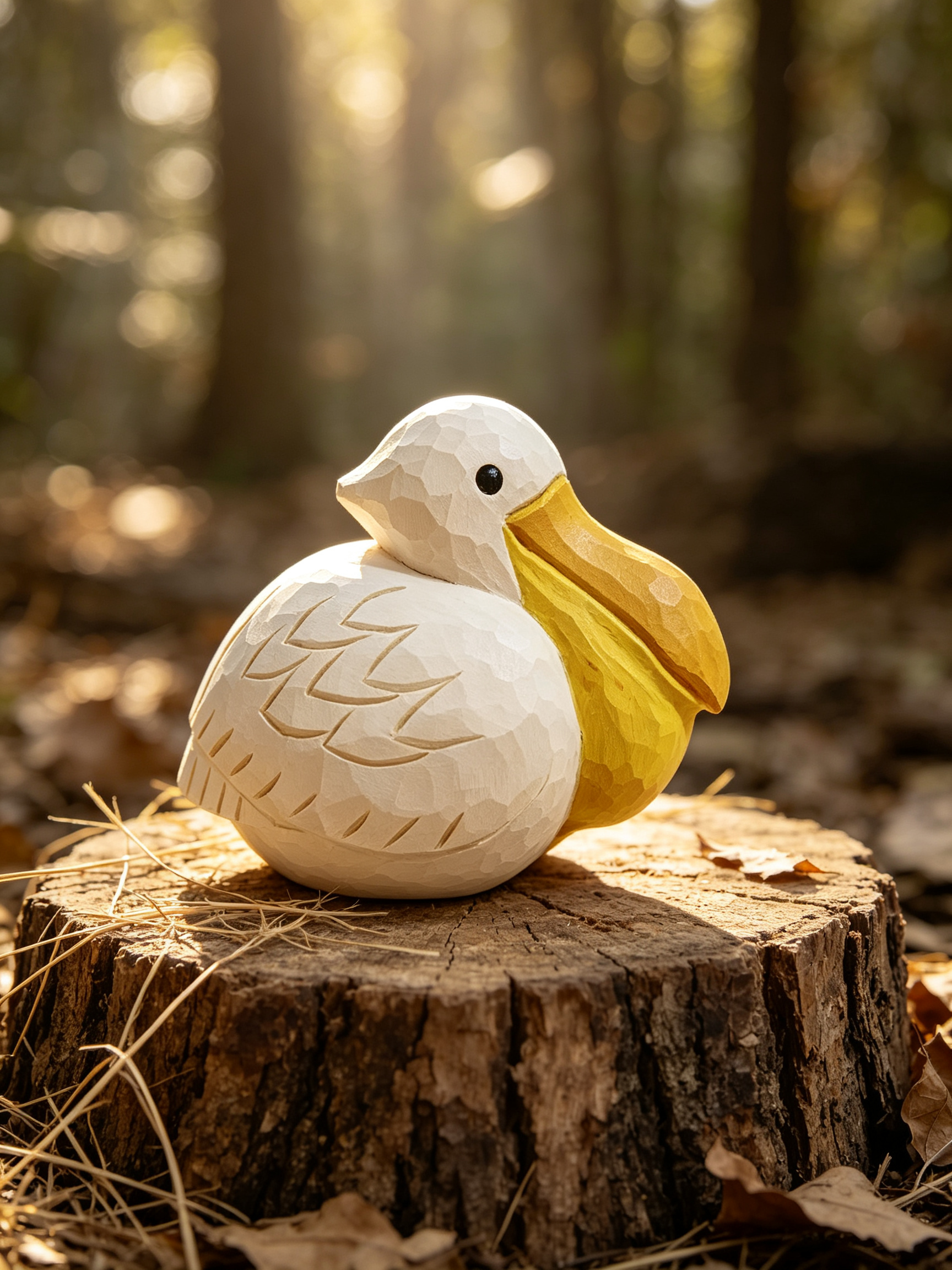 A carved duck figurine with a textured, faceted surface sits on a rustic tree stump in a sunlit forest setting.