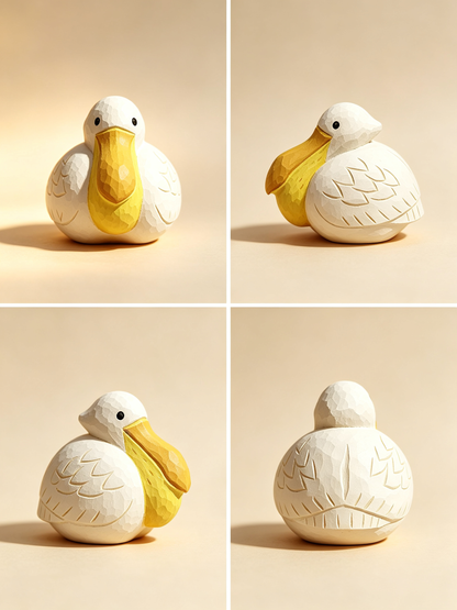 Four-view_composite_of_the_Pineaura_hand-carved_wooden_pelican_on_a_soft_beige_background_showcasing_the_faceted_white_body_bright_yellow_beak_and_hand-painted_feather_grooves_from_front_to_back