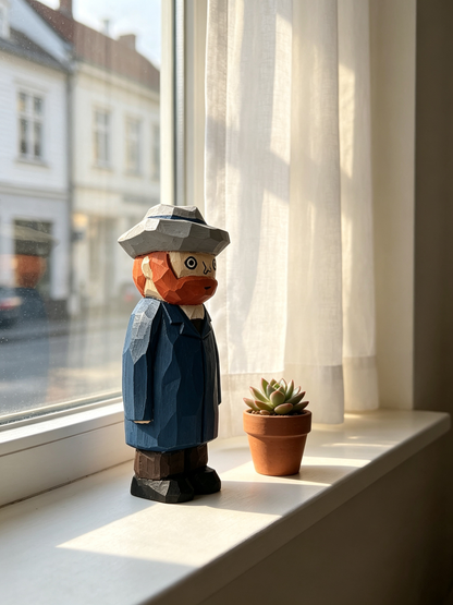 A geometric, low-poly style figurine of a man in a blue suit and gray hat stands on a windowsill next to a small potted succulent. The scene is lit by natural sunlight coming from a window with a blurred street view outside.