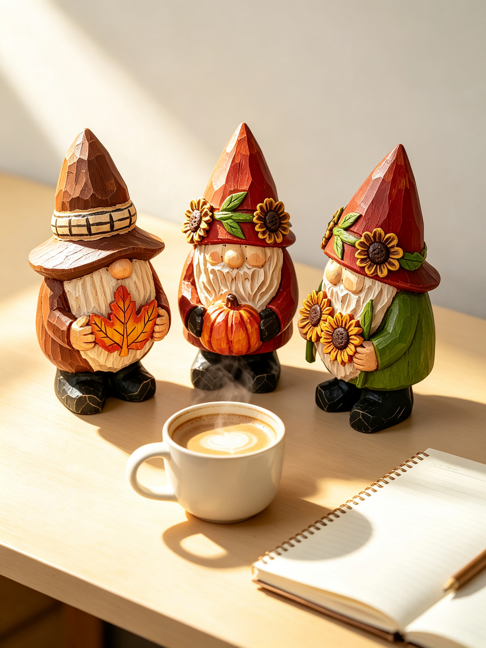 Three autumn themed wooden gnome figurines styled on a light wood desk with a latte cup and open spiral notebook in soft daylight