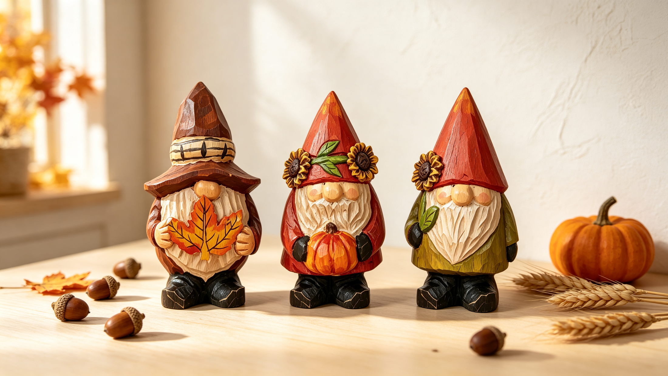 Three hand-painted, carved wooden gnome figurines standing on a light wooden table in warm sunlight, featuring autumn-themed details including a brown hat with a maple leaf, red hats with sunflowers and a small pumpkin, accompanied by scattered acorns, wheat stalks, and a miniature orange pumpkin.