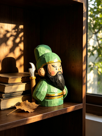 Hand-carved chibi-style wooden Guan Gong sculpture on a dark wooden bookshelf, next to stacked vintage books and a dry leaf in warm dappled sunlight