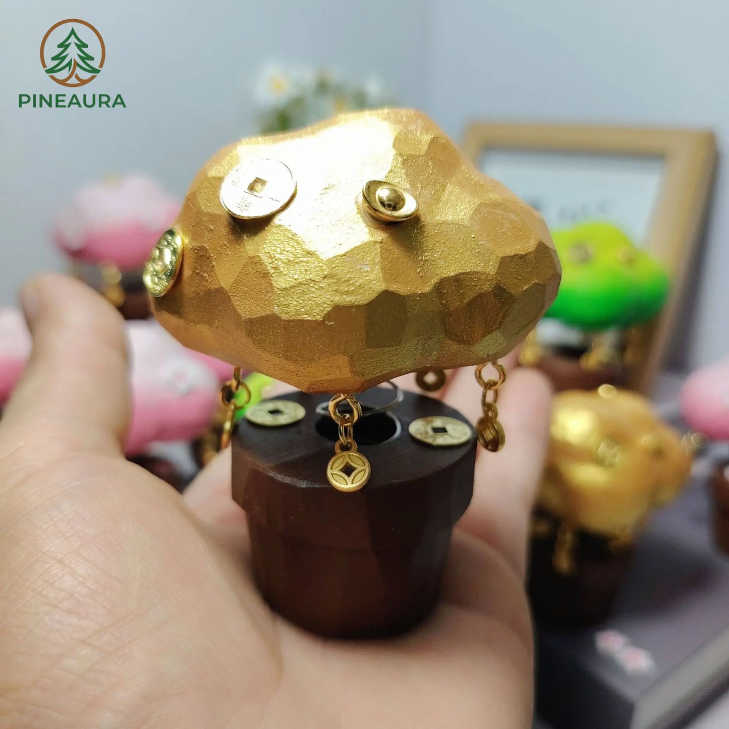 Adorable low-poly golden "Fa Cai Shu" (Money Tree) figurine with Chinese coins and hanging charms, handmade by PINEAURA
