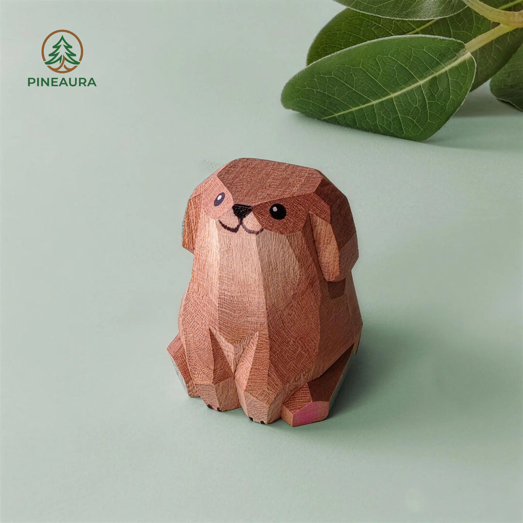 Handcrafted wooden dark Golden Retriever figurine, eco-friendly carved dog statue, cute brown puppy home decor