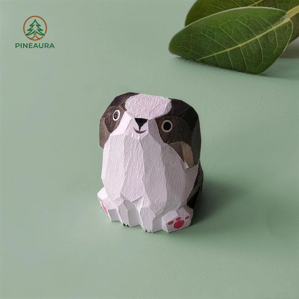 Handcrafted wooden Old English Sheepdog figurine, eco-friendly hand-carved dog, fluffy white and grey puppy decor