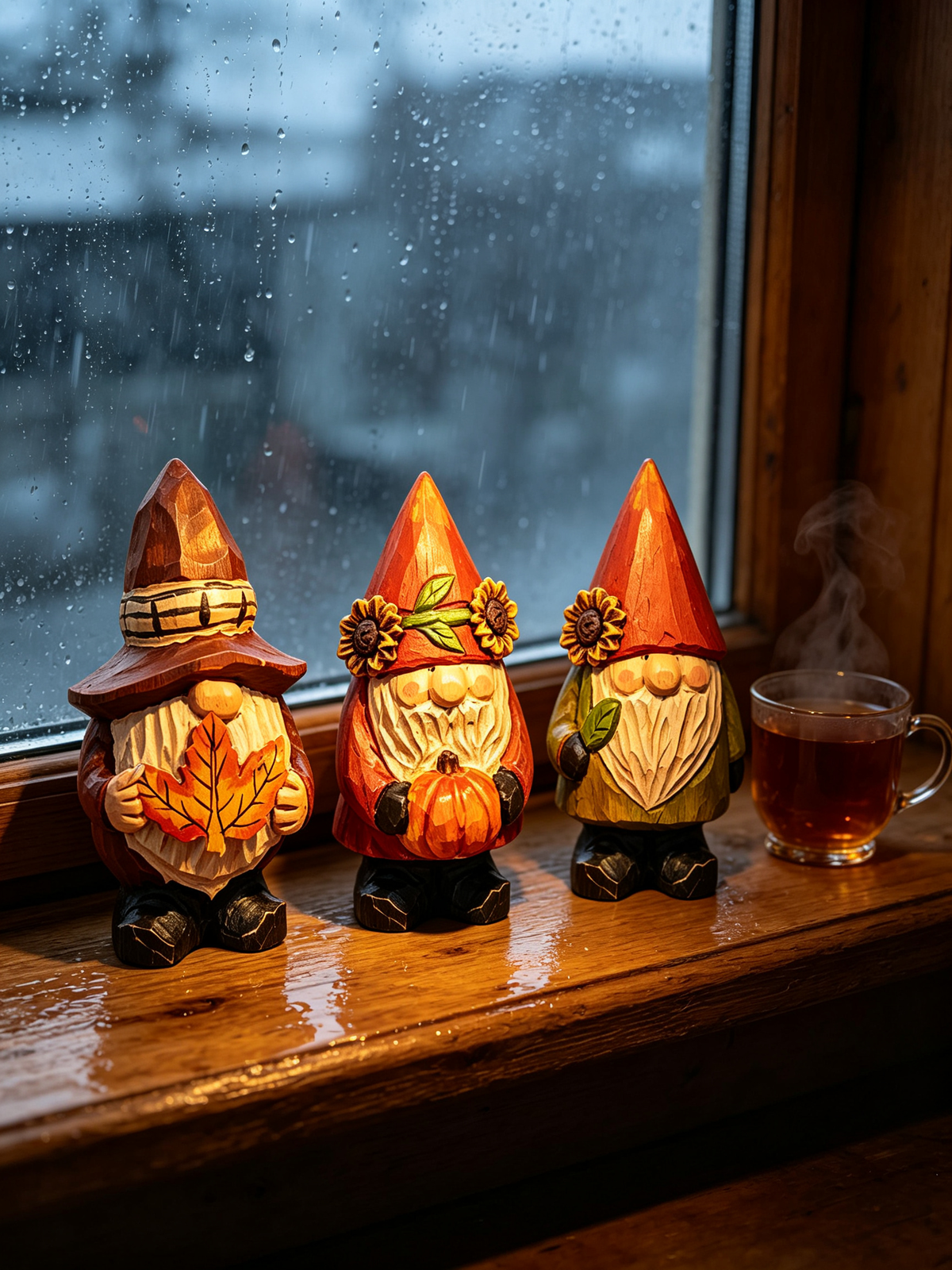 Three handcrafted wooden autumn gnomes with maple leaf, pumpkin and sunflower details, arranged on a rainy wood window sill next to a steaming tea cup
