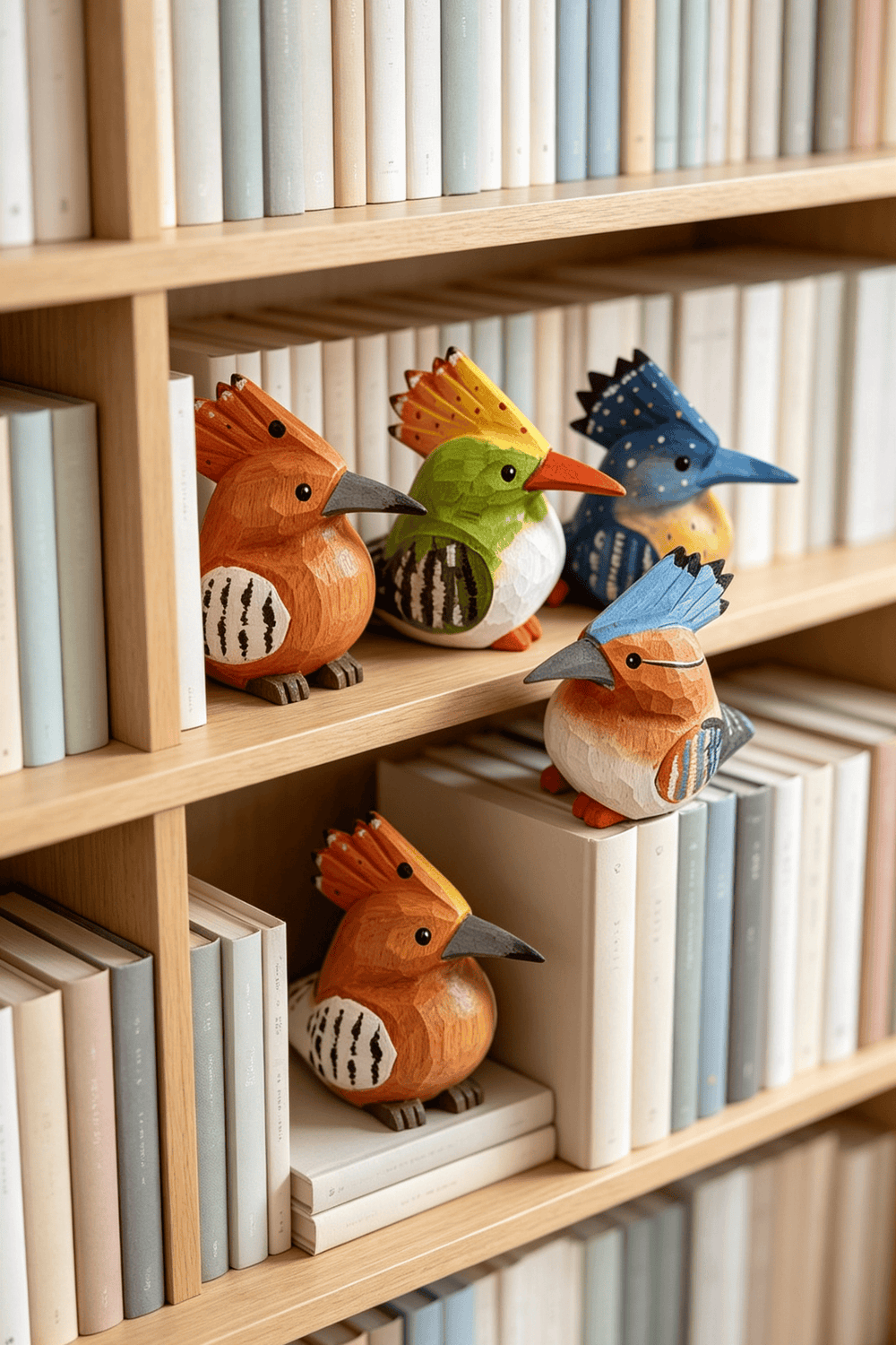 Five colorful, handmade wooden carved hoopoe ornaments with painted crests and striped wings, resting among pastel-colored books on a light wooden shelf.