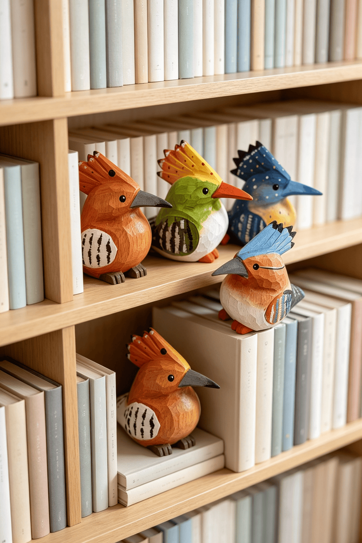 Five colorful, handmade wooden carved hoopoe ornaments with painted crests and striped wings, resting among pastel-colored books on a light wooden shelf.