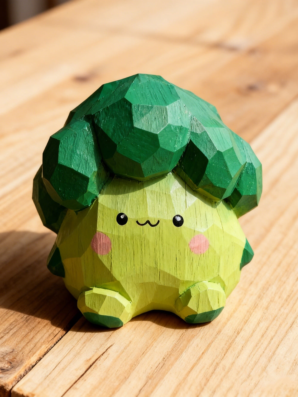 Close-up of a hand-carved low-poly wooden broccoli figurine with a happy cartoon face, resting on rustic wooden planks in warm sunlight by PINEAURA