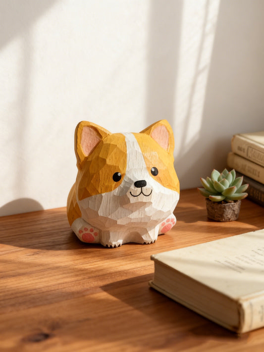 Corgi-shaped decorative item on a wooden surface with books and a plant in the background