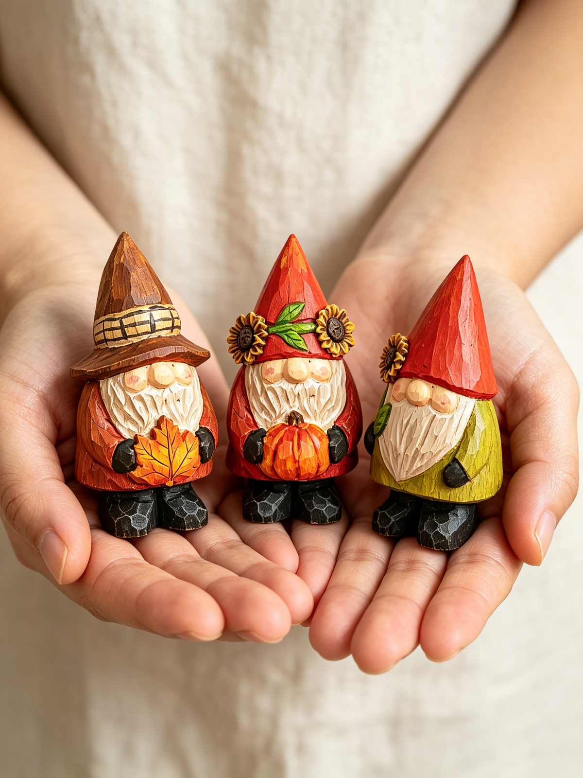 Three mini hand-carved fall gnome figurines resting on cupped hands to show compact size, in soft warm natural light