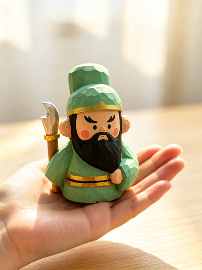 Mini hand-carved wooden Guan Yu figurine held in an open palm to show compact size, lit by soft natural sunlight