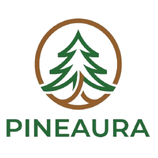 PINEAURA logo with transparent background, featuring a green pine tree inside a brown circle and green text
