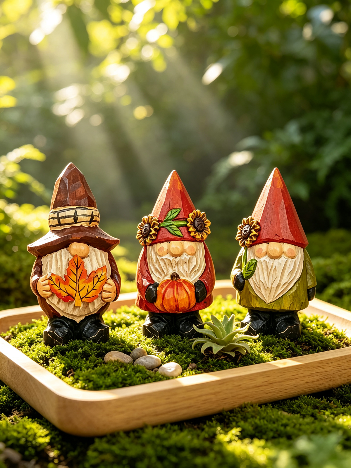 Three wooden autumn gnome sculptures placed on moss in a wood tray, set against a sun-dappled green forest background