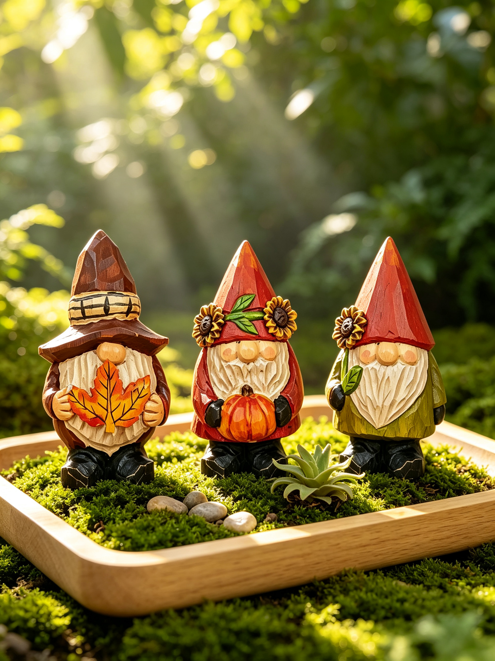 Three wooden autumn gnome sculptures placed on moss in a wood tray, set against a sun-dappled green forest background