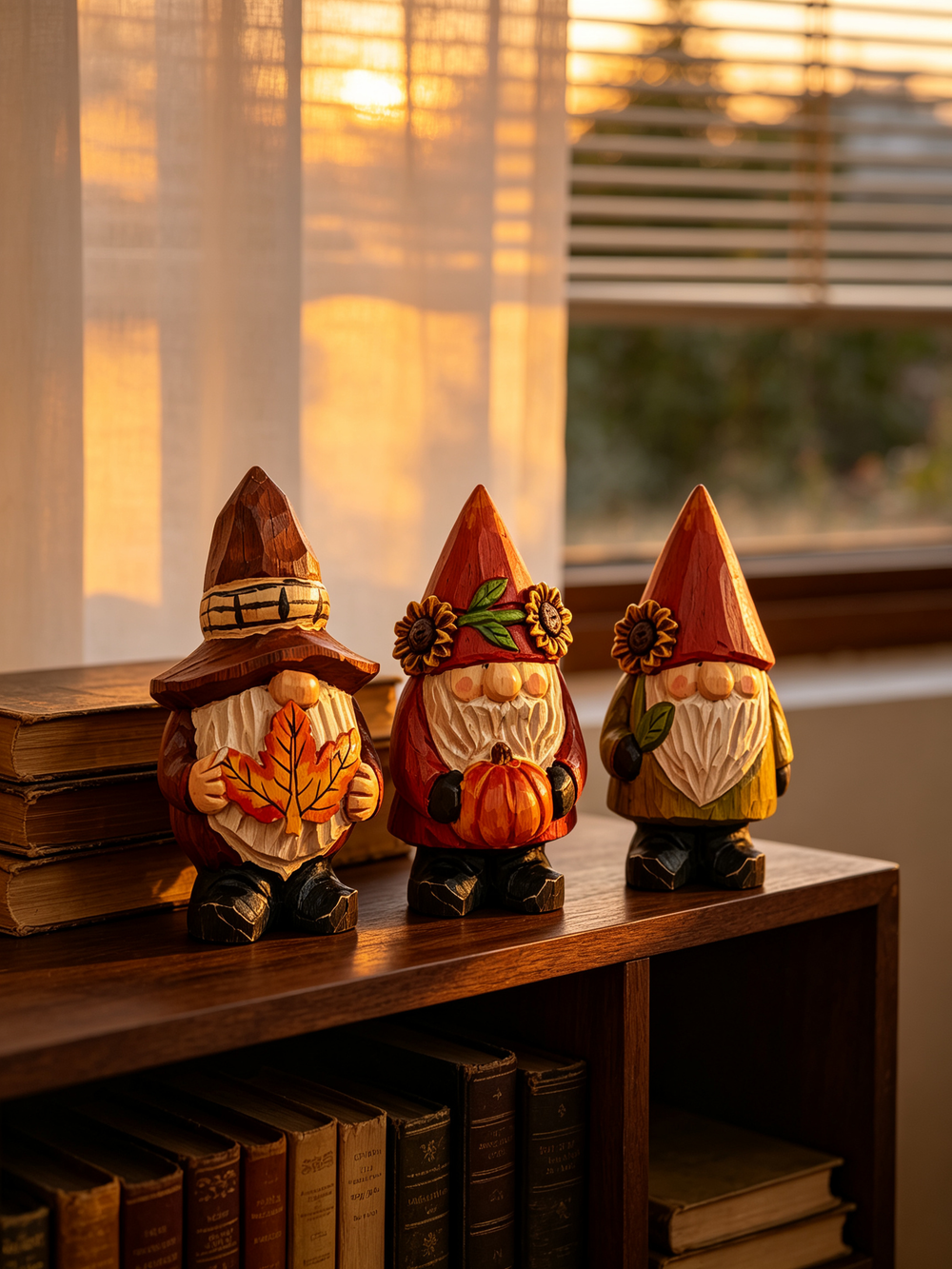 Three handcrafted fall wooden gnomes on a dark wood bookshelf with vintage books, lit by golden sunset light through window blinds