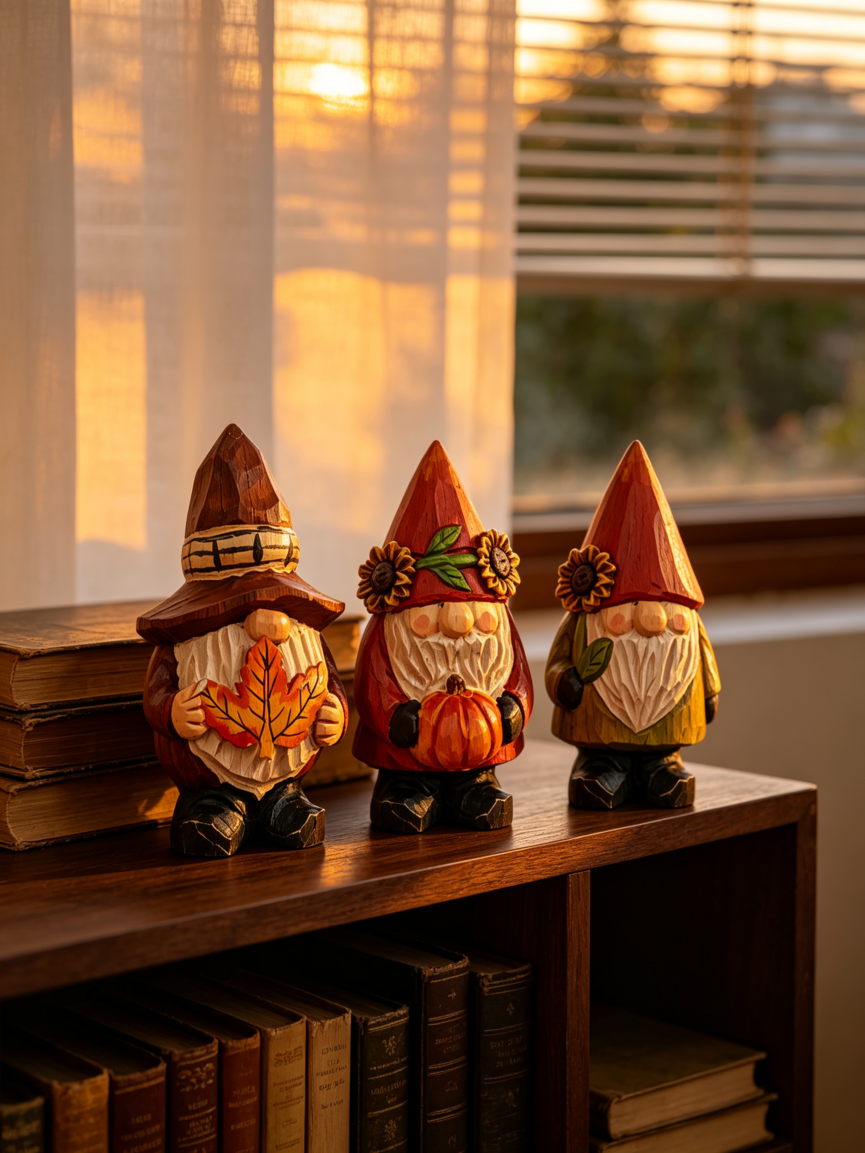 Three handcrafted fall wooden gnomes on a dark wood bookshelf with vintage books, lit by golden sunset light through window blinds