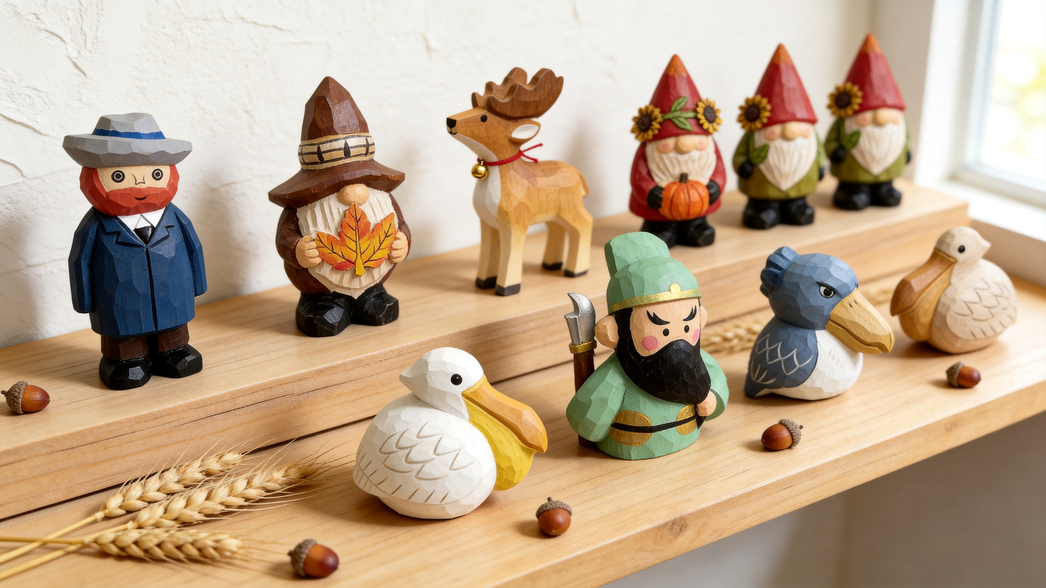 A collection of hand-painted, faceted wooden figurines arranged on wooden shelves, including a man in a blue suit, a gnome holding a maple leaf, a reindeer, small gnomes with sunflowers and pumpkins, a green-clad warrior, and three birds, decorated with wheat stalks and acorns for an autumn theme.