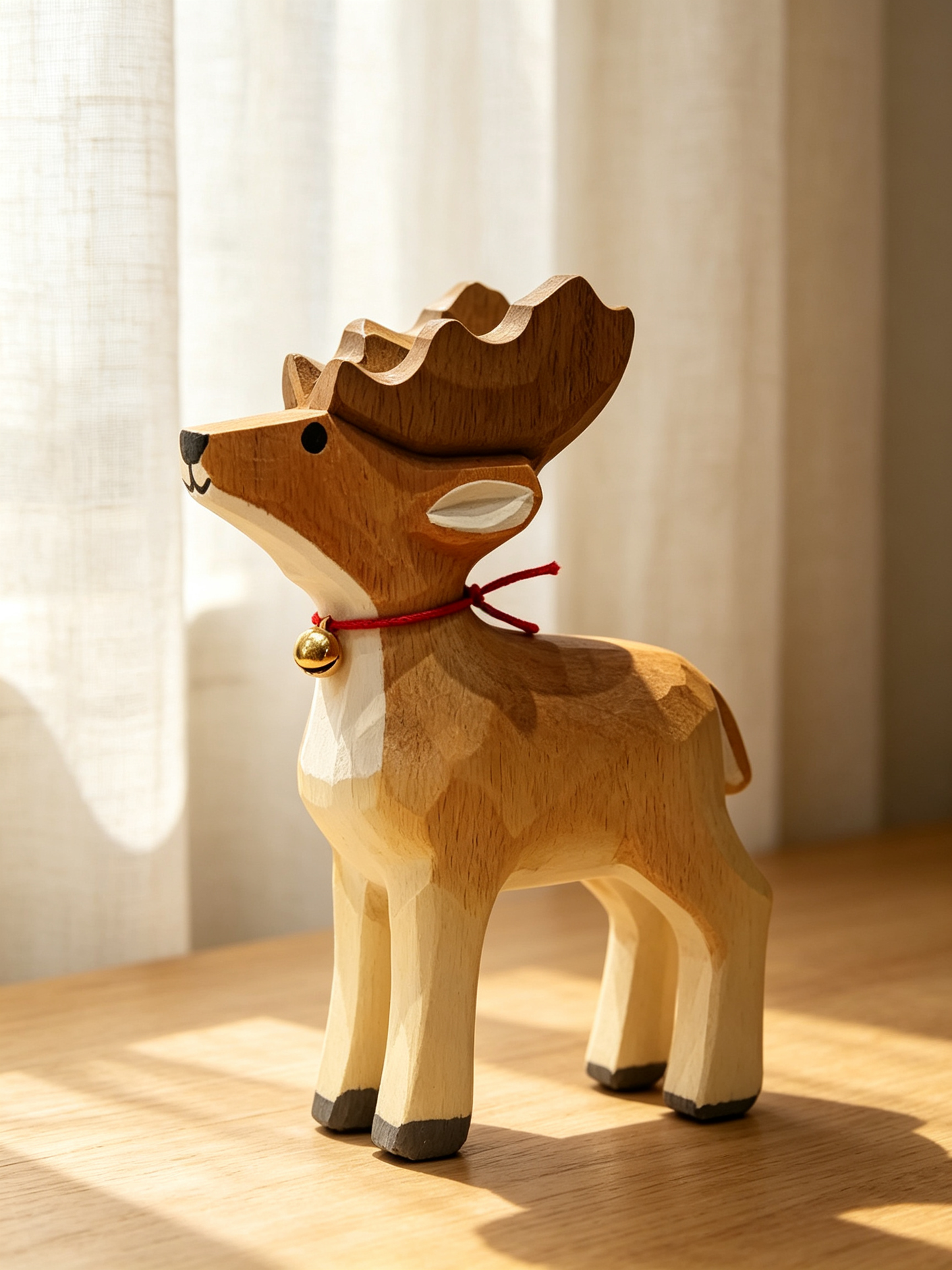 Low-poly hand-carved wooden moose sculpture with brass bell, styled on light wood table beside sheer linen curtains in soft natural daylight