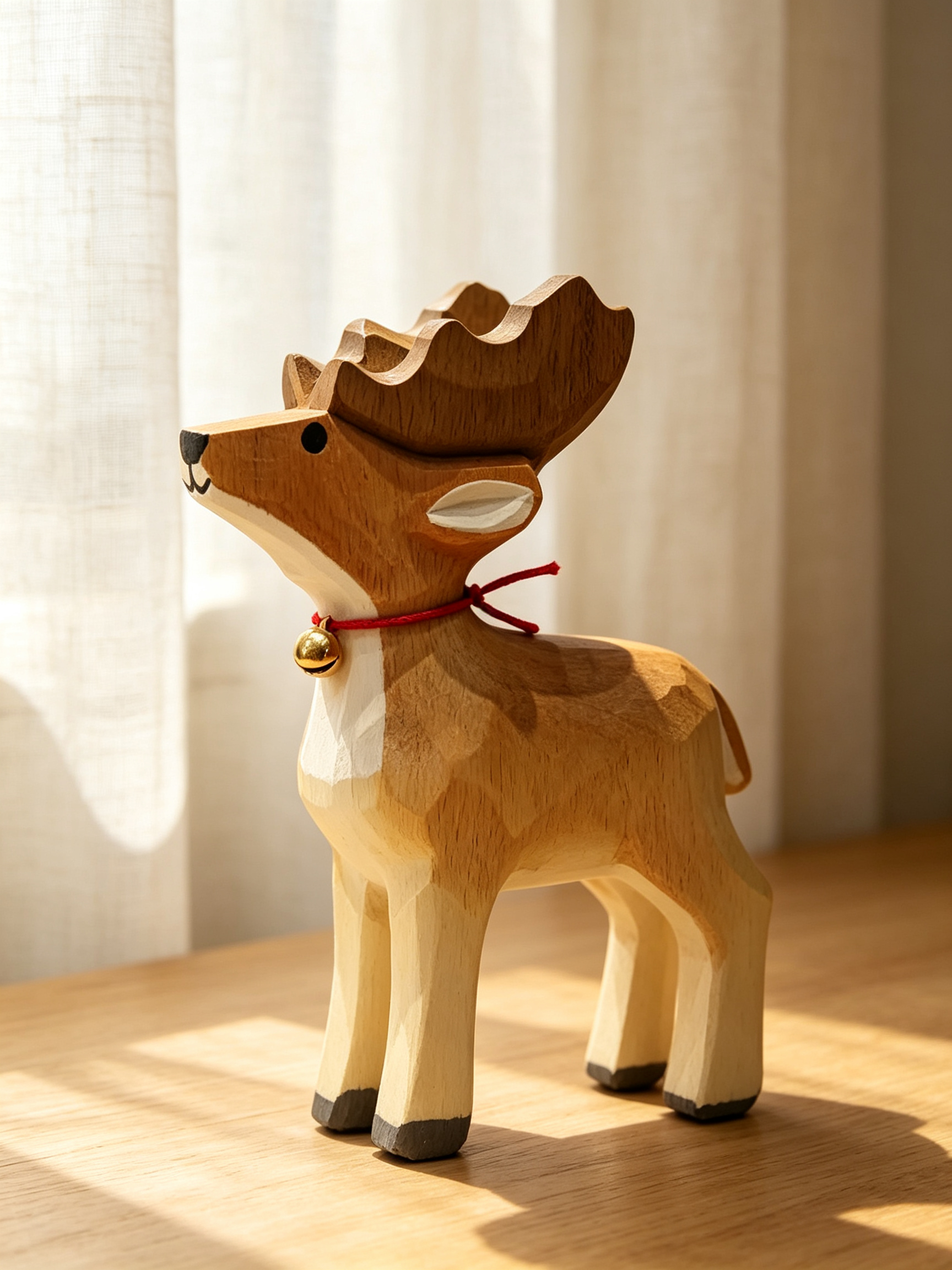Low-poly hand-carved wooden moose sculpture with brass bell, styled on light wood table beside sheer linen curtains in soft natural daylight